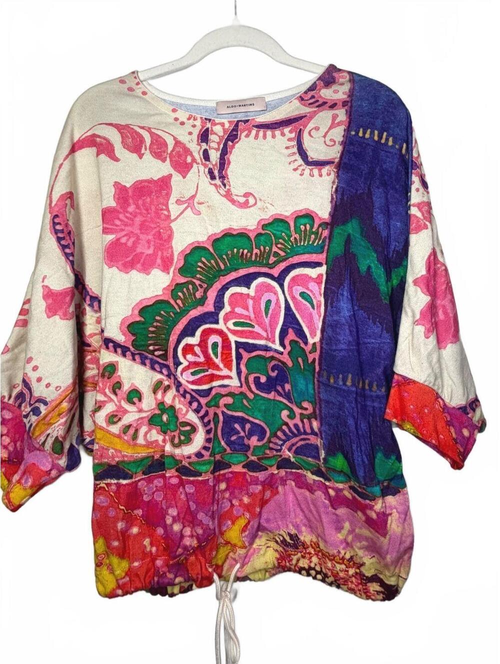 Aldo Martins Colorful Floral Print Batwing Tie Waist Sweater Top